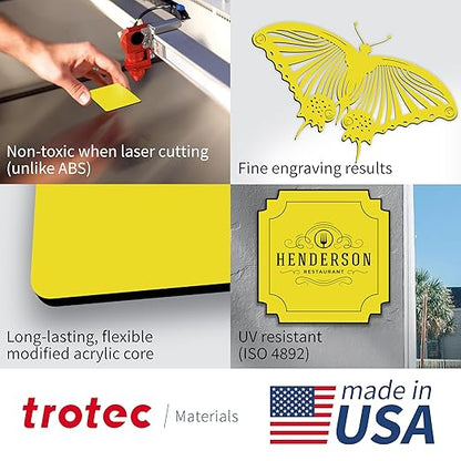 Trotec TroLase | 12"x20"x1/16", 4 Pcs | Yellow/Black | 2 Ply | Modified Acrylic | Laser Engraving Double Color Plastic Sheet | Engraving Blanks for Laser, Saw, Guillotine | Made in USA