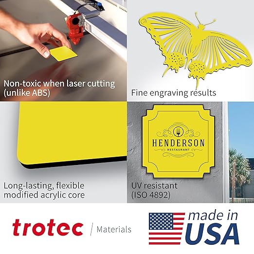 Trotec TroLase | 12"x12"x1/16", 8 Pcs | Yellow/Black | 2 Ply | Modified Acrylic | Laser Engraving Double Color Plastic Sheet | Engraving Blanks for Laser, Saw, Guillotine | Made in USA