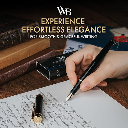 Wordsworth & Black Fountain Pen Set, 18K Gilded Extra Fine Nib, Includes 24 Pack Ink Cartridges, Ink Refill Converter & Gift Box, Gold Finish, Calligraphy, [Black Gold], Perfect for Men & Women