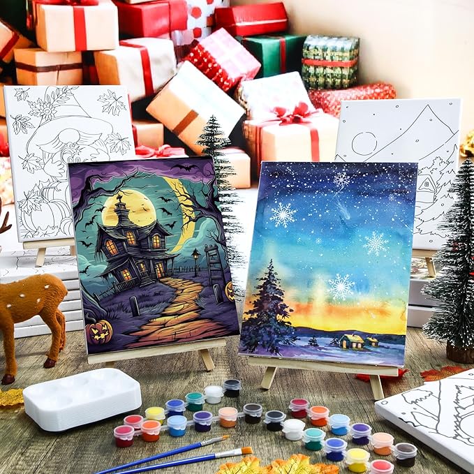 Zhanmai 12 Pack Pre Drawn Canvas for Painting Sip and Paint Kit 8" x 10" Paint Party Set Canvas Painting Pre Printed Canvases for Party Favor DIY Virtual Adult's Date Night(Various Festivals)