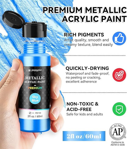 40 PCS Metallic Acrylic Paint Set with 12 Brushes, 2 Knives & Palette, 24 Colors (2oz/60ml) Art Craft Paint for Adults Kids Artists Beginners, Halloween Pumpkin Canvas Ceramic Rock Painting Kit