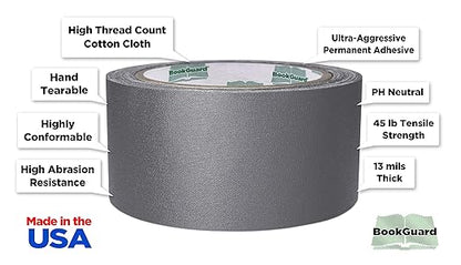 BookGuard 2 inch Premium Bookbinding Repair Cloth Tape, 15 Yard Roll, Gray