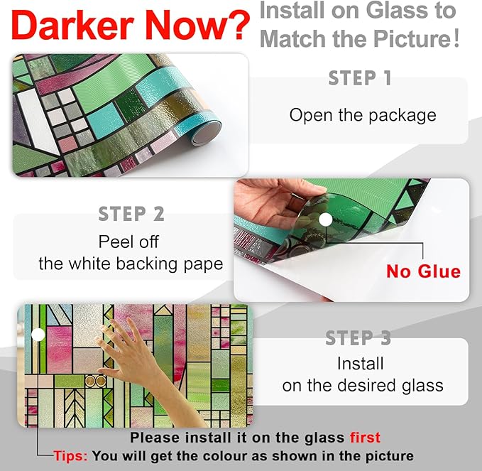 3D Stained Glass Window Privacy Film, Heat Control UV Blocking Static Cling Decorative Window Film for Bathroom,Front Door,Home Non Adhesive,Colorblock 35.4 x 78.7 inches