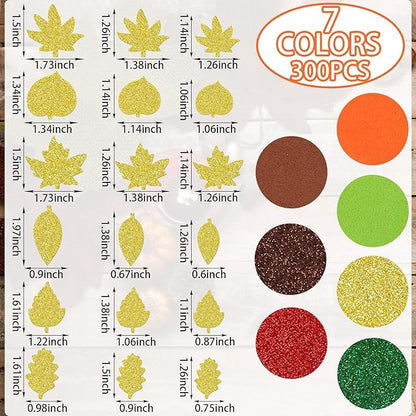 300Pcs Fall Foam Leaf Stickers, Autumn Glitter Maple Leaves Self Adhesive Foam Stickers Thanksgiving Party Favors DIY Crafts Decorations