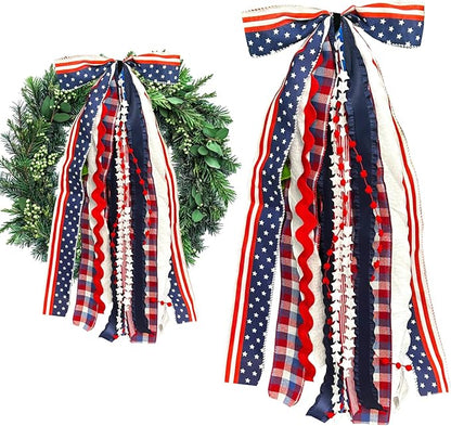 Large Patriotic Star Ribbon Bow for Wreath, Red White Buffalo Plaid Fabric Ribbons Set Assorted Lace Ribbon 4th of July Clip-On Wreath Sash Ribbons Bundle for Patriotic Indoor Outdoor Decor