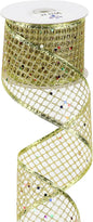 MEEDEE Gold Glitter Ribbon Gold Christmas Ribbon 2.5 Inch Square Mesh Net Wired Ribbon with Rainbow Sparkle Gold Wired Ribbon Gold Ribbon for Christmas Tree Decoration, Wreath Bow Making (10 Yards)