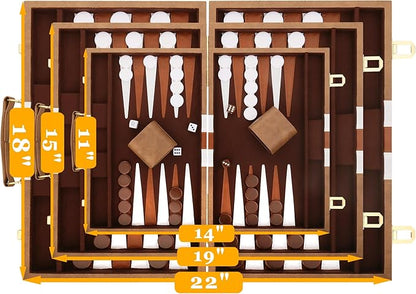 Backgammon Set - Classic Board Game with Premium Leather Case - Portable Travel Strategy Backgammon Game Set for Adults, Kids (15inch, Khaki)