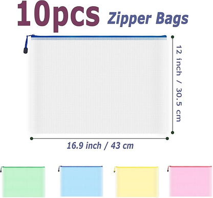 AUSTARK 10 Pcs Zipper File Bags, Waterproof Plastic Mesh Pouch for Office School, Board Game Storage Bags (A3 Size 16.9''x12'', Multicolored)