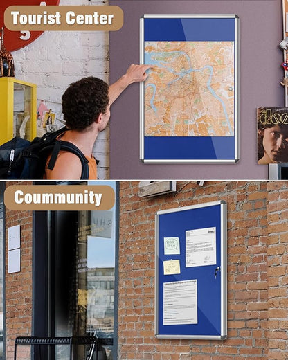 36"x24" Enclosed Bulletin Board, Lockable Weather-Resistant Aluminum Cork Noticeboard for School & Office, Silver Frame w/Blue Flet