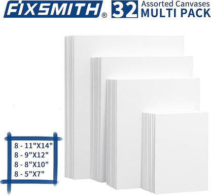 FIXSMITH Canvas Boards for Painting Multi Pack- 5x7,8x10,9x12,11x14 (8 of Each),Set of 32, 100% Cotton Primed Canvas Panels for Acrylic, Oil, Art Supplies for Kids, Adults, Beginners