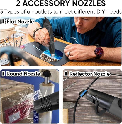 ROMECH 350W Heat Gun with 2 Nozzles, Dual Temp Heat Gun 400°F-660°F, Fast Heat Hot Air Gun with Overload Protection for DIY Craft Embossing Shrink Wrapping (Grey)