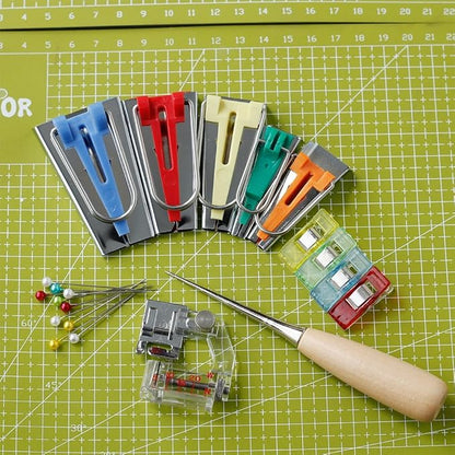YICBOR Bias Tape Maker 6mm 9mm 12mm 18mm 25mm Fabric Bias Binding Maker with Binder Foot Bradawl Quilting Clips Sewing Pins Kit (Bias Tape Maker(Box))