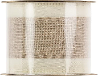MEEDEE Burlap Wired Ribbon with Satin Edge - White Stripe, 2.5 Inch, 10 Yards for Wreath, Garland, Topper, Bow Making, Fall, Christmas, Wedding Decorations