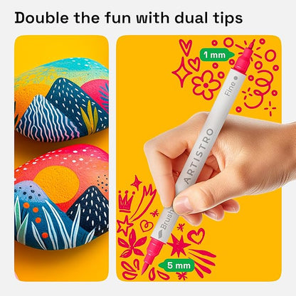 ARTISTRO 24 Dual Tip Brush + Fine Acrylic Paint Markers - Easy for All Ages & Levels Paint Pens for Fabric, Rock, Glass, DIY - Halloween Pumpkin Painting Kit, Art Supplies, Christmas Gift