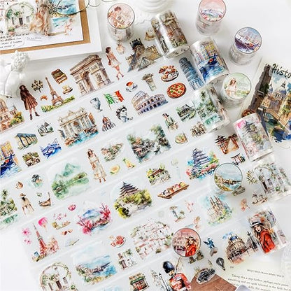 6 Rolls PET Tape Stickers for Scrapbook Supplies,Self-Adhesive Travel Theme Washi Tape for Junk Journal Supplies,Journaling,Scrapbooking,DIY Craft,Notebook(Travelling)