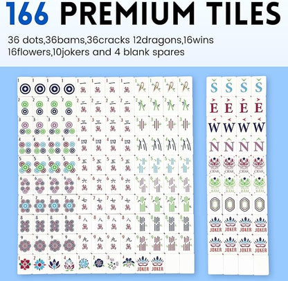 American Mahjong Tile Set,166 Tiles White Blue Acrylic Carving Tiles,Mahjong Game Set with Portable Travel case(Racks Not Included)