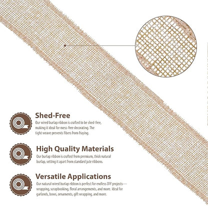 Mandala Crafts Natural Burlap Wired Ribbon 1.5 Inches Wide Jute Ribbons for Crafts - 10 Yds Roll Rustic Burlap Wrap Trim Ribbons for Wreaths Bows Party Decoration