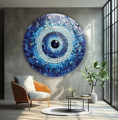 My Photostation.com 10''(25cm) Diameter Blue Mosaic Evil Eye Round Glass Wall Art Tempered Glass Printing Wall Decor Large Wall Art Wall Hangings