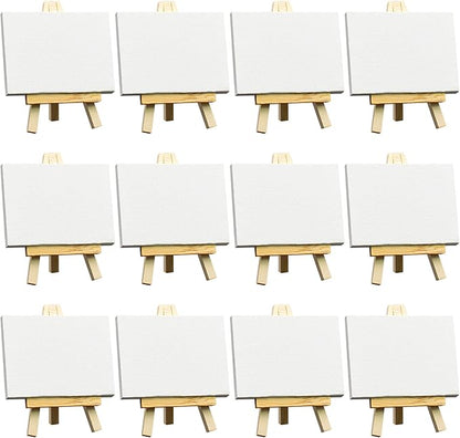 FIXSMITH 3x4 Inch Mini Stretched Canvas Easel Set- Bulk Pack of 12,Set Contains 12 Rectangle Canvases &12 Mini Easels,Small White Art Canvases & Wood Easels for Painting Craft Drawing Decoration