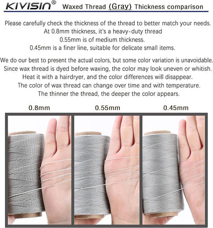 Bonded 0.8mm Round Waxed Polyester Cord, 3-ply Wax Coated Thread, 197 Yards Stiff String for Heavy Duty Fabric, Leather Sewing, Book Binding, Upholstery Repair, and Macrame Jewelry - Gray