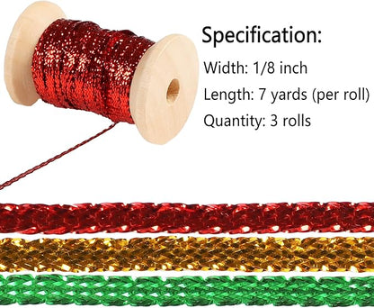 Christmas Set Thin Ribbon 1/8 inch Metallic Braided Double Faced Ribbons Curling Ribbons for Balloon String Crafts Gift Wrapping Party Wedding Christmas Ornaments Decoration 7 Yard x 3 Rolls