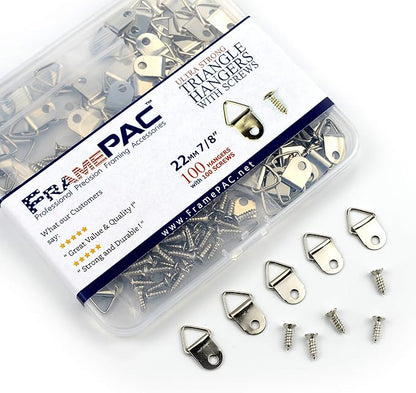 100 Pack Picture Hangers with Screws, Small Triangle Ring, D Rings for Clock, Decoration, Mirror, Paintings, Artwork Picture Frame