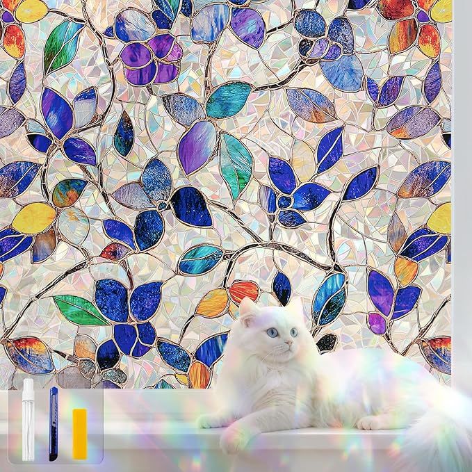 Stained Glass Window Privacy Film Decorative Rainbow Static Clings – Ideal for Home & Office, Adhesive-Free, Removable, UV-Blocking (Purple Rainbow, 17.5 X 78.7 in)
