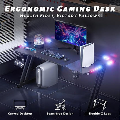 HLDIRECT 63 Inch Gaming Desk with LED Lights Carbon Fibre Surface Gaming Table Large Computer Desk Ergonomic Home Office Desks Z Shaped PC Gamer Workstations with Cup Holder & Headphone Hook Black