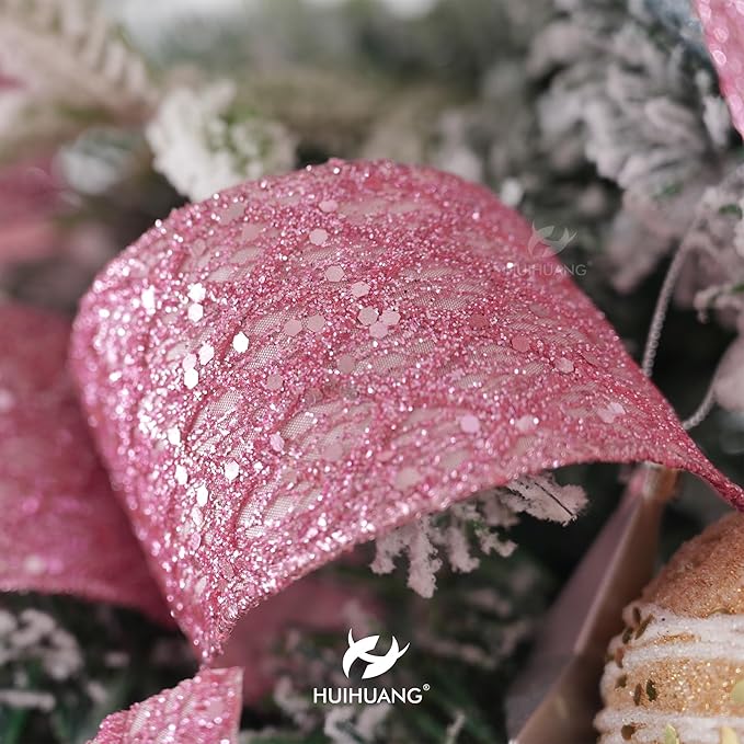 HUIHUANG Pink Glitter Wired Ribbon for Christmas Tree 2.5 inch Light Pink Diamond Mesh Wire Ribbon for Tree Decoration, Wreaths, Garland, Gift Wrapping, Bows Making, Home Decor -10 Yards