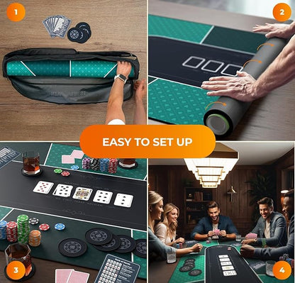 Newverest Poker Table Top 70" x 35", Texas Hold'em Poker Mat for Home Game Nights Up to 10 Players, Blackjack, Casino | Poker Topper for Tables in Zipper Storage Bag with 8 Coasters in Gift-Ready Box