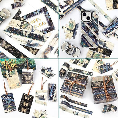14 Rolls Washi Tape Set - Gold Foil Green Fairy Decorative Masking Tape Butterfly, Fairy, Star, Magic, Adhesive Tape for Bullet Journal,DIY Craft,Scrapbooking Supplies,Gift Wrapping