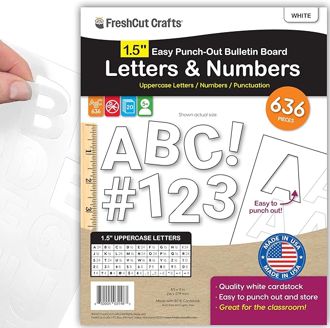 FreshCut Crafts 636 Pcs 1.5 in. White Bulletin Board Letters & Numbers, Capital Alphabet Letters, Numbers, Punctuation, US Made Card Stock Punch Out Letters for Posters, Bulletin Boards, Classroom