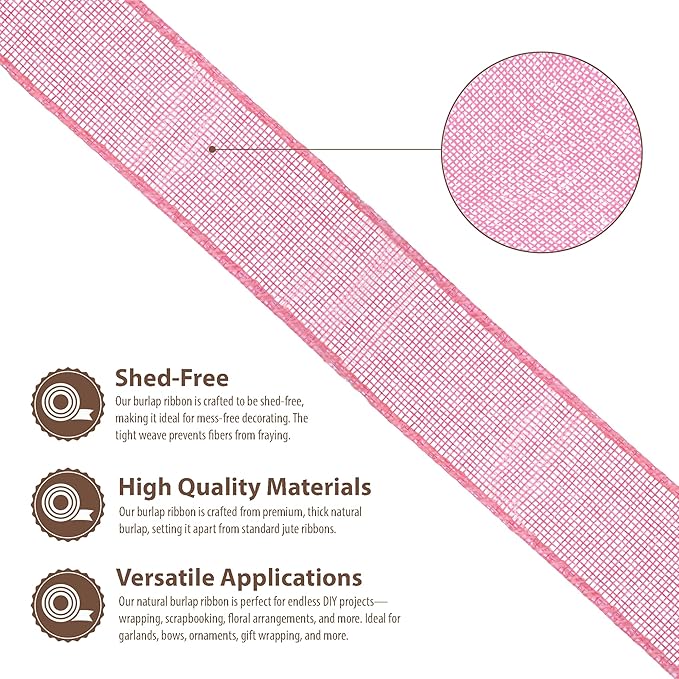 Mandala Crafts Pink Burlap Wired Ribbon 1.5 Inches Wide Jute Ribbons for Crafts - 10 Yds Roll Rustic Burlap Wrap Trim Ribbons for Wreaths Bows Party Decoration