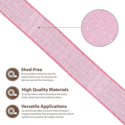 Mandala Crafts Pink Burlap Wired Ribbon 1.5 Inches Wide Jute Ribbons for Crafts - 10 Yds Roll Rustic Burlap Wrap Trim Ribbons for Wreaths Bows Party Decoration