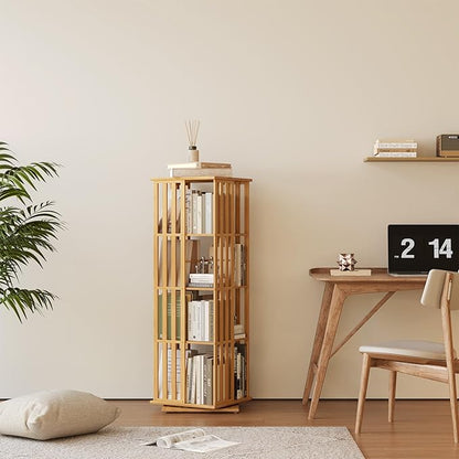 YOWOS Rotating Bookshelf Tower, 360 Display Spinning Bookcase, Bamboo Bookshelf Floor Standing Storage Rack, Wood Narrow Book Shelf Organizer for Kids&Adults (Nature, 4 Tier)