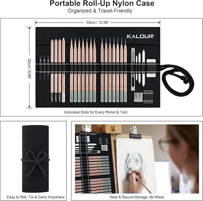 KALOUR 29 Pro Sketching Drawing Pencils Set with Roll-Up Nylon Case – 14 Graphite Pencils (14B–5H), Charcoal Pencils, Erasers, Sharpener & Stumps – Complete Art Kit for Artists & Beginner