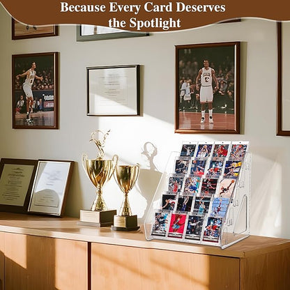 Elevated 5 Tier Clear Acrylic Card Display Stand for Trading Cards, Sports Cards, Greeting Cards, Stickers – Slanted Holder for PSA Slabs, Vendors, Collectors & Retail (5 Tier 1 Pack)