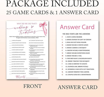 Bridal Shower Games Cards, Wedding Traditions Why Do We Do That, 25 Cards with 1 Answer Card, Engagement Party Games for Guests, Pink Ribbon Bow Wedding Party Supplies - E08