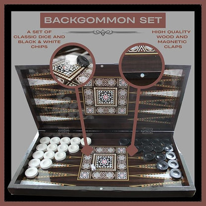 Park Oz Pearl Premium Turkish Backgammon and Checkers Set 19 Inch Handmade 2 in 1 Wooden Board Game with Glossy Finish Luxury Checkers and Dice Travel Friendly and Foldable