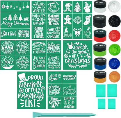 JAJADO Chalk Paste Paint for Christmas Stencils Set 20 Pcs, Winter Silk Screen Reusable Adhesive Print Xmas Mesh Transfers for Craft on Wood DIY T-Shirt Gift Card