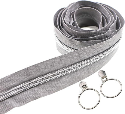 Leekayer #5 Silver Metallic Nylon Coil Zippers by The Yard Bulk 10 Yards Gray Zipper Tape with 25pcs Silver Ring Pull Zipper Sliders for DIY Sewing Tailor Craft Bag(Gray)