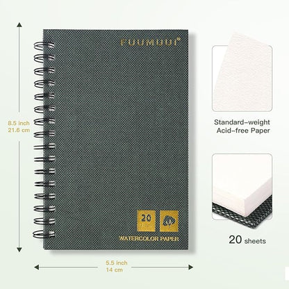 Watercolor Paper Pad, Fuumuui 5.5 * 8.5 inch 100% Cotton Paper (20 Sheets, 140lb/300g), Spiral Bound for Painting, Drawing, Art Journaling, Professional Artist Quality