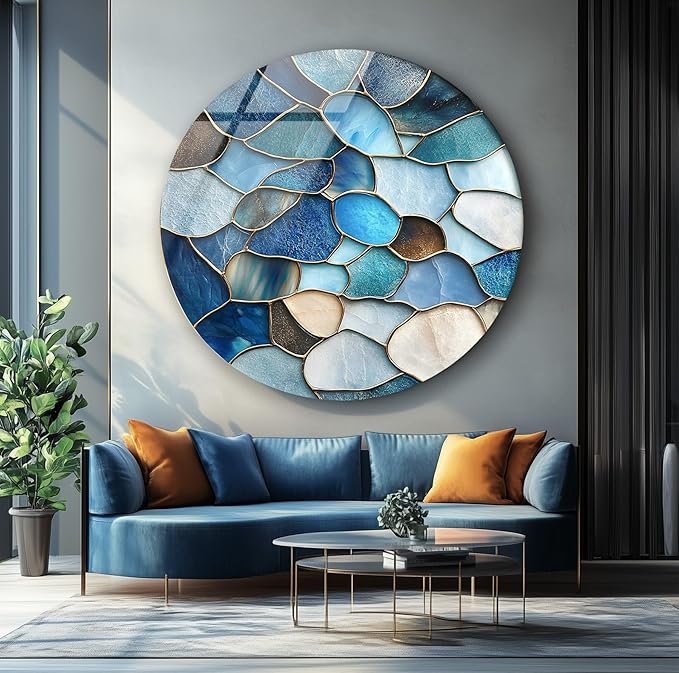 My Photostation.com 39,4''(100cm) Diameter Coastal Blue Stone Mosaic Round Glass Wall Art Tempered Glass Printing Wall Decor Large Wall Art Wall Hangings