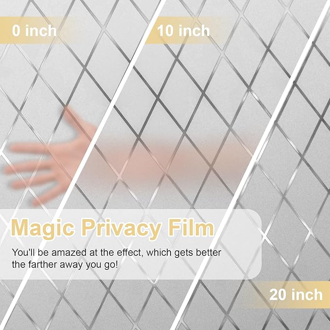 Window Privacy Film Decorative for Front Door, Bathroom Static Cling Stained Glass Sticker Opaque Heat Control UV Blocking Non-Adhesive for Home,Grid 17.5 x 78.7 inches