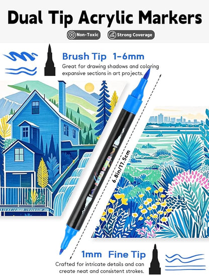 30 Colors Acrylic Paint Pens, Dual Tip Acrylic Paint Markers with Brush and Fine Tips for Kids and Adults, Wood, Canvas, Stone, Rock Painting, Glass, Ceramic Surfaces, DIY Crafts Making