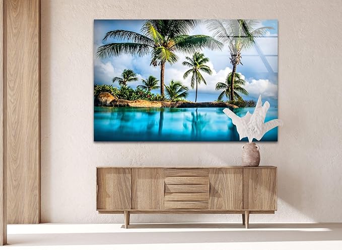 My Photostation.com 43Wx27H'' Island & Blue Sea Glass Wall ArtTempered Glass Printing Wall Decor Large Wall Art Wall Hangings