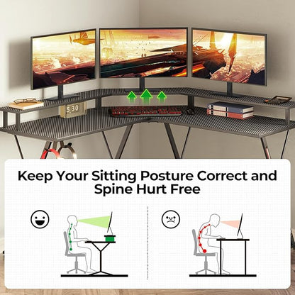 SEVEN WARRIOR L Shaped Gaming Desk with LED Lights & Power Outlets, 50.4” Computer Desk with Monitor Stand, Corner Desk with Carbon Fiber Surface, Gaming Table with Hooks, Black