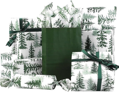 100 Sheets Christmas Tree Tissue Paper, 20x14in Forest Style Wrapping Tissue Watercolor Xmas Tree Art Tissue for Xmas Party Gift Bag Fillers Winter Party Decor (Green)