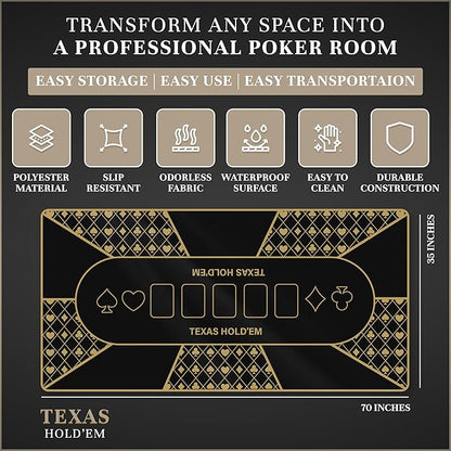 Poker Table Top - Foldable 70" x 35" Texas Hold'em Poker Mat with Non-Slip Backing and Zipper Carrying Bag - Waterproof and Portable Casino Table Topper Card Mat for Home Game Nights Up to 10 Players