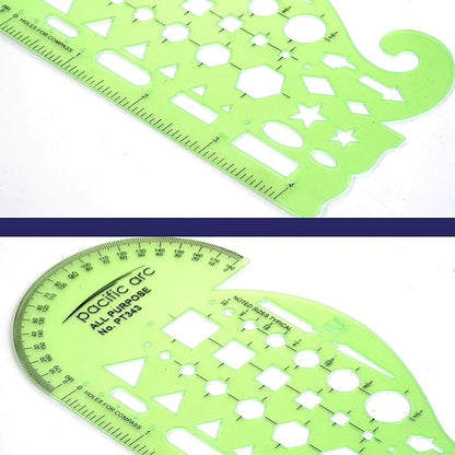 Pacific Arc All Purpose Template Guide, Featuring A Protractor, 4 Inch Ruler, French Curves, and Standard Shapes